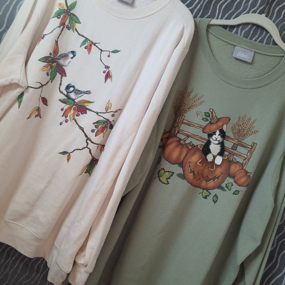 Lot Of 2 Vintage 90s Blair Womens 2XL Fall Halloween Sweatshirt Black Cat Birds